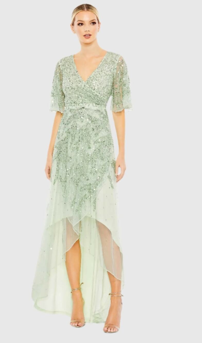 Mac Duggal Sequined Butterfly Sleeve High Low Gown, Sage Green, Sz 10, NWOT